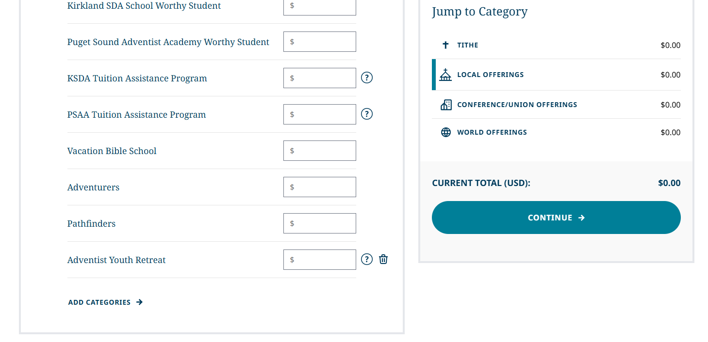 Screenshot preview of the Adventist Giving page showing the Local Offerings section with the AYM line item highlighted